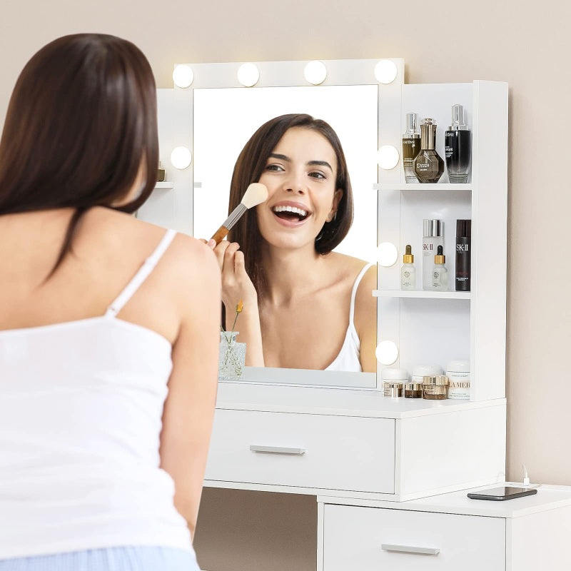 Vanity Desk with Mirror & Lights, Makeup Vanity with 6 Drawers, 6 Open Shelves and Power Outlet, 48” Storage Makeup Vanity Desk with Stool Bench for Women, Girls, Bedroom, White