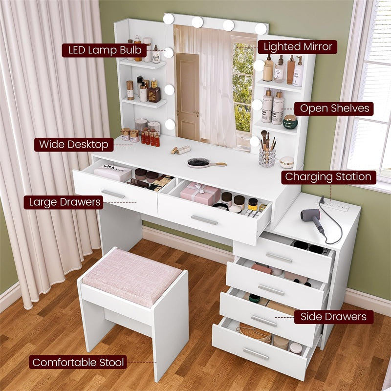 Vanity Desk with Mirror & Lights, Makeup Vanity with 6 Drawers, 6 Open Shelves and Power Outlet, 48” Storage Makeup Vanity Desk with Stool Bench for Women, Girls, Bedroom, White
