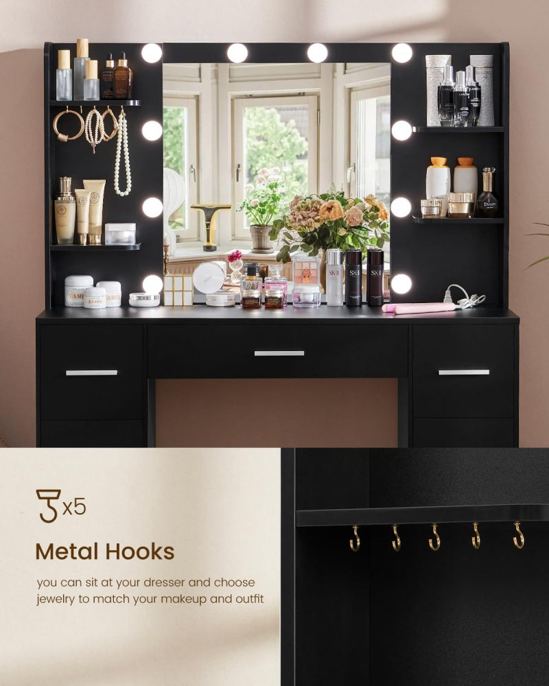 Large Makeup Vanity, 43.3" Vanity Desk with Mirror and Lights, Makeup Vanity Table with 7 Drawers, 4 Shelves, 5 Jewel Hooks & Power Strip, Vanity Desk Set for Bedroom, Black