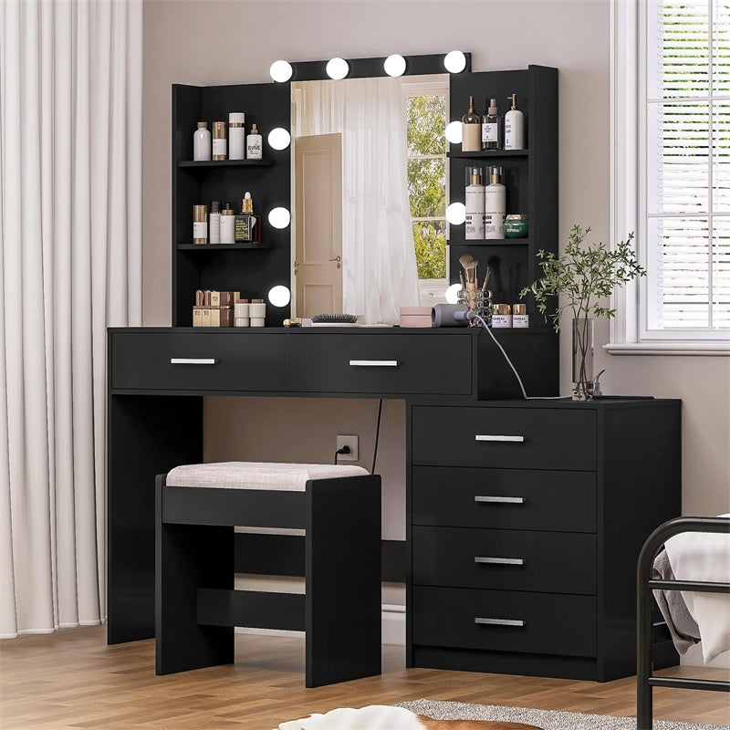 Vanity Desk with Mirror & Lights, Makeup Vanity with 6 Drawers, 6 Open Shelves and Power Outlet, 48” Storage Makeup Vanity Desk with Stool Bench for Women, Girls, Bedroom, Black