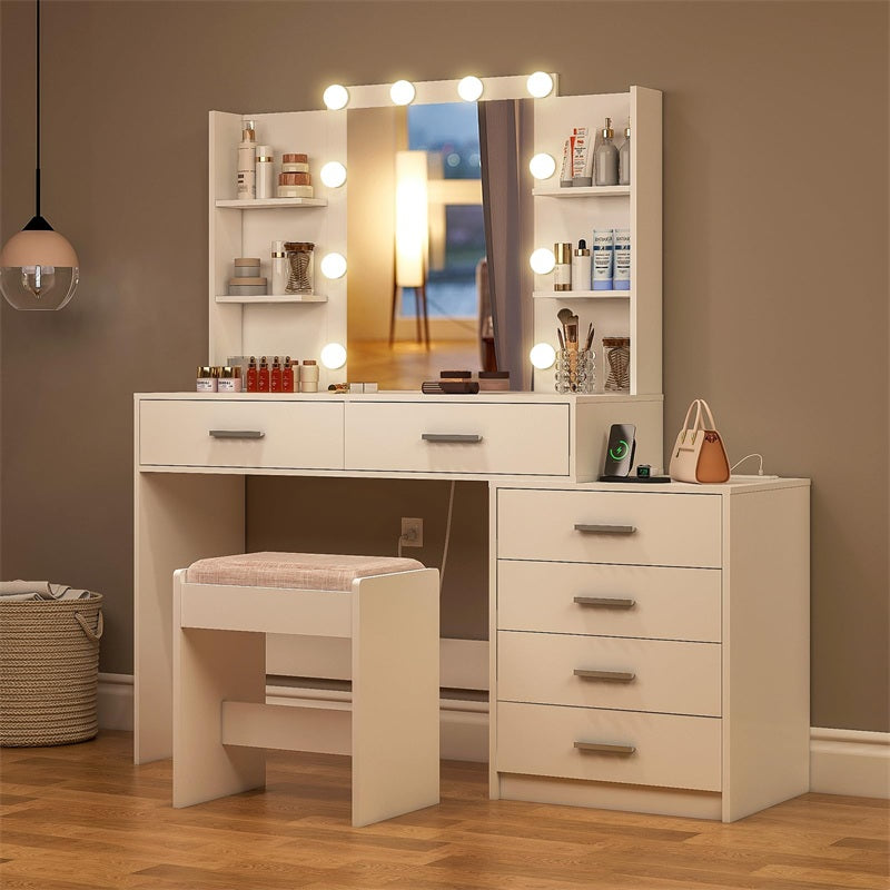 Vanity Desk with Mirror & Lights, Makeup Vanity with 6 Drawers, 6 Open Shelves and Power Outlet, 48” Storage Makeup Vanity Desk with Stool Bench for Women, Girls, Bedroom, White