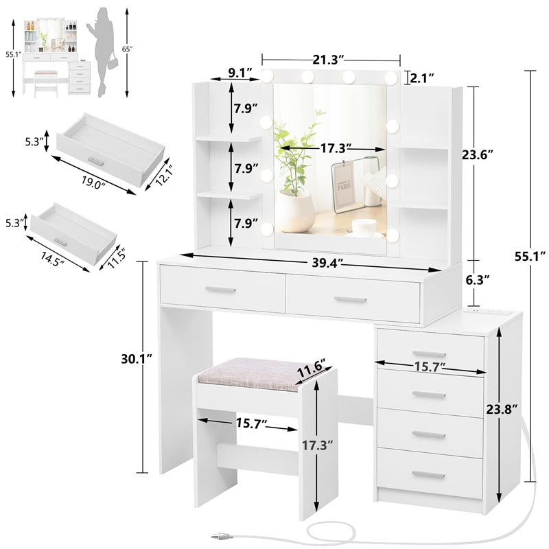 Vanity Desk with Mirror & Lights, Makeup Vanity with 6 Drawers, 6 Open Shelves and Power Outlet, 48” Storage Makeup Vanity Desk with Stool Bench for Women, Girls, Bedroom, White