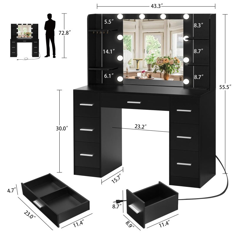 Large Makeup Vanity, 43.3" Vanity Desk with Mirror and Lights, Makeup Vanity Table with 7 Drawers, 4 Shelves, 5 Jewel Hooks & Power Strip, Vanity Desk Set for Bedroom, Black