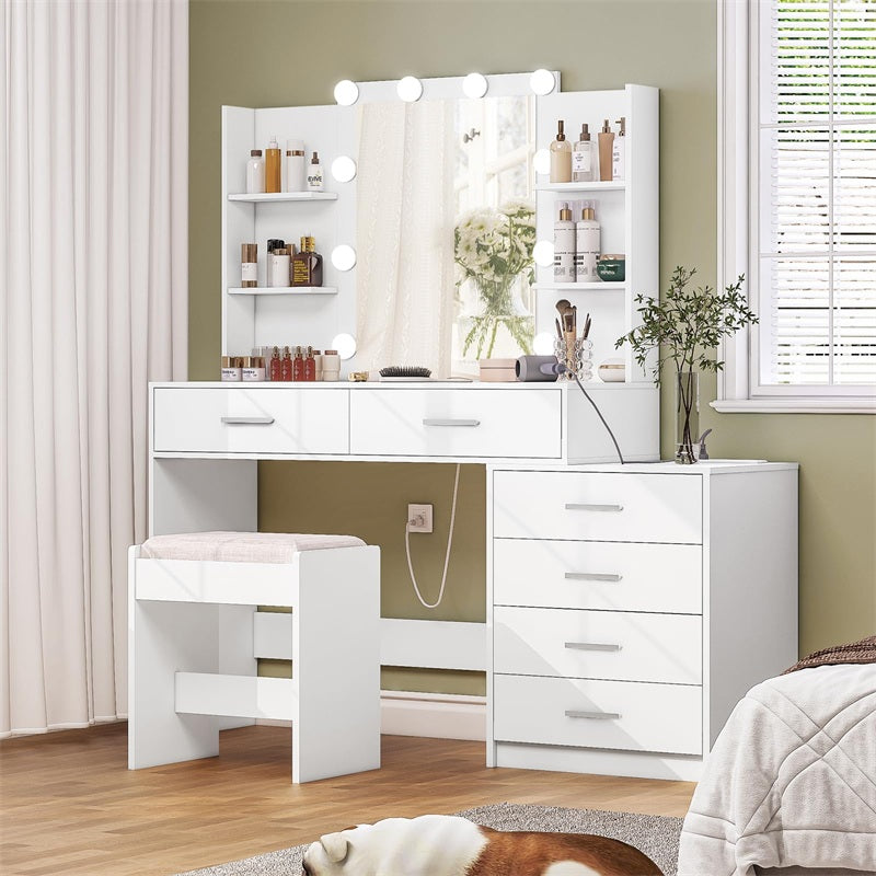 Vanity Desk with Mirror & Lights, Makeup Vanity with 6 Drawers, 6 Open Shelves and Power Outlet, 48” Storage Makeup Vanity Desk with Stool Bench for Women, Girls, Bedroom, White
