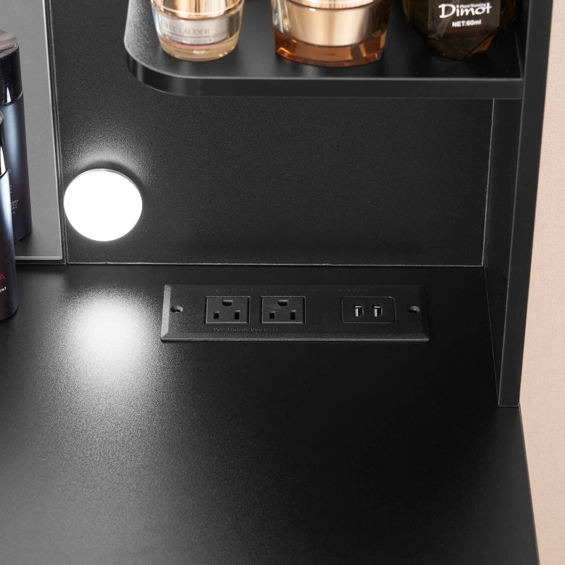 Large Makeup Vanity, 43.3" Vanity Desk with Mirror and Lights, Makeup Vanity Table with 7 Drawers, 4 Shelves, 5 Jewel Hooks & Power Strip, Vanity Desk Set for Bedroom, Black