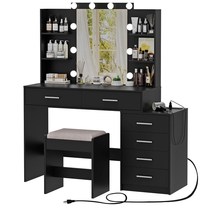 Vanity Desk with Mirror & Lights, Makeup Vanity with 6 Drawers, 6 Open Shelves and Power Outlet, 48” Storage Makeup Vanity Desk with Stool Bench for Women, Girls, Bedroom, Black
