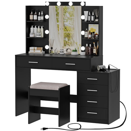 Vanity Desk with Mirror & Lights, Makeup Vanity with 6 Drawers, 6 Open Shelves and Power Outlet, 48” Storage Makeup Vanity Desk with Stool Bench for Women, Girls, Bedroom, Black