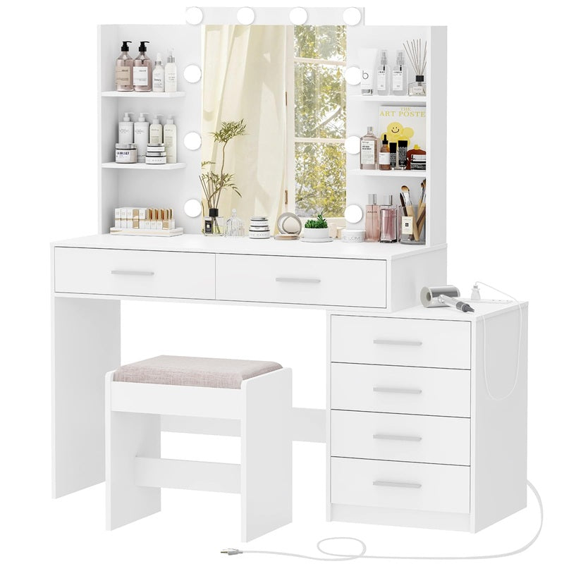 Vanity Desk with Mirror & Lights, Makeup Vanity with 6 Drawers, 6 Open Shelves and Power Outlet, 48” Storage Makeup Vanity Desk with Stool Bench for Women, Girls, Bedroom, White