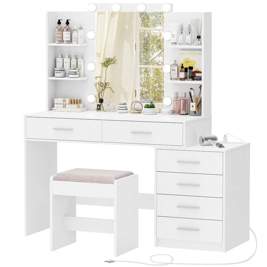 Vanity Desk with Mirror & Lights, Makeup Vanity with 6 Drawers, 6 Open Shelves and Power Outlet, 48” Storage Makeup Vanity Desk with Stool Bench for Women, Girls, Bedroom, White