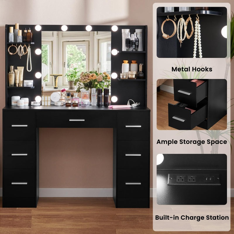 Large Makeup Vanity, 43.3" Vanity Desk with Mirror and Lights, Makeup Vanity Table with 7 Drawers, 4 Shelves, 5 Jewel Hooks & Power Strip, Vanity Desk Set for Bedroom, Black