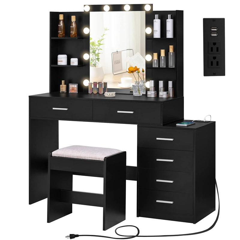 Vanity Desk with Mirror & Lights, Makeup Vanity with 6 Drawers, 6 Open Shelves and Power Outlet, 48” Storage Makeup Vanity Desk with Stool Bench for Women, Girls, Bedroom, Black