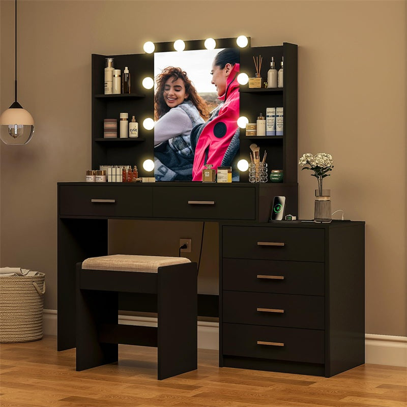 Vanity Desk with Mirror & Lights, Makeup Vanity with 6 Drawers, 6 Open Shelves and Power Outlet, 48” Storage Makeup Vanity Desk with Stool Bench for Women, Girls, Bedroom, Black