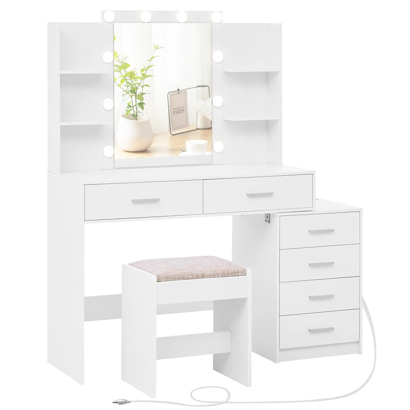 Vanity Desk with Mirror & Lights, Makeup Vanity with 6 Drawers, 6 Open Shelves and Power Outlet, 48” Storage Makeup Vanity Desk with Stool Bench for Women, Girls, Bedroom, White