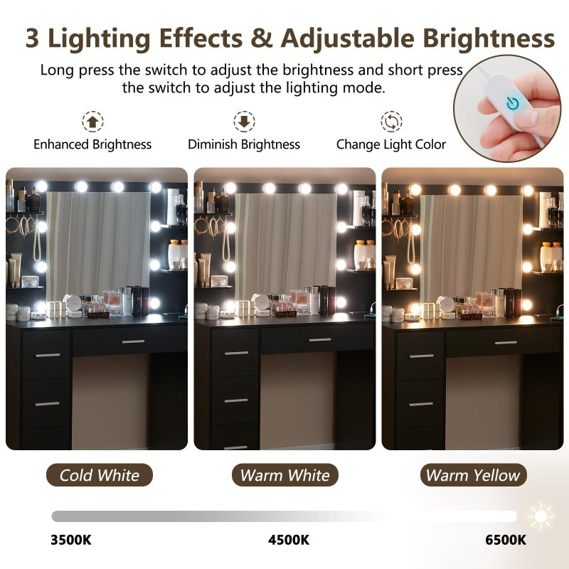 Large Makeup Vanity, 43.3" Vanity Desk with Mirror and Lights, Makeup Vanity Table with 7 Drawers, 4 Shelves, 5 Jewel Hooks & Power Strip, Vanity Desk Set for Bedroom, Black