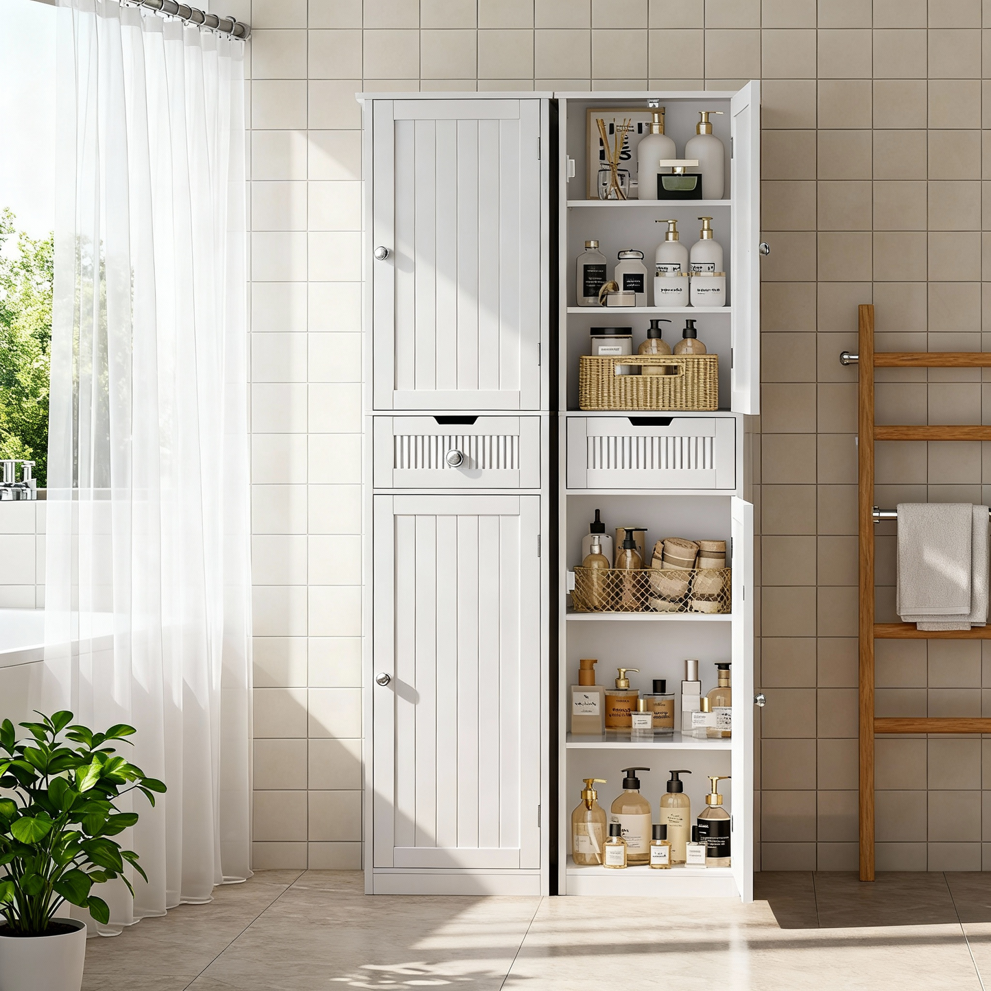 TEENFON Tall Bathroom Cabinet, Storage Cabinet with 2 Doors & 1 Drawer, Bathroom Storage Cabinets with Adjustable Shelves, for Living Room, Entryway, Home Office, White