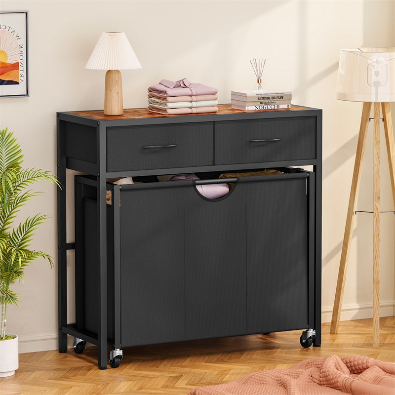 Laundry Sorter, Rolling Laundry Hamper with 3 Section Pull-Out Bags, Laundry Basket Organizer with 2 Drawers, Laundry Hamper with Wheels for Laundry Room Organization, Bathroom, Bedroom