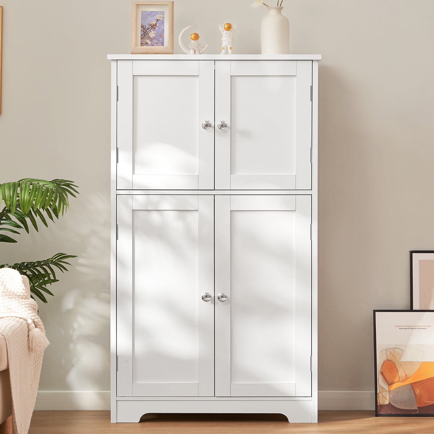 TEENFON Bathroom Floor Storage Cabinet, Freestanding Bathroom Storage Unit with 2 Adjustable Shelves & 4 Doors, 11.8 x 23.6 x 42.7 Inches, White