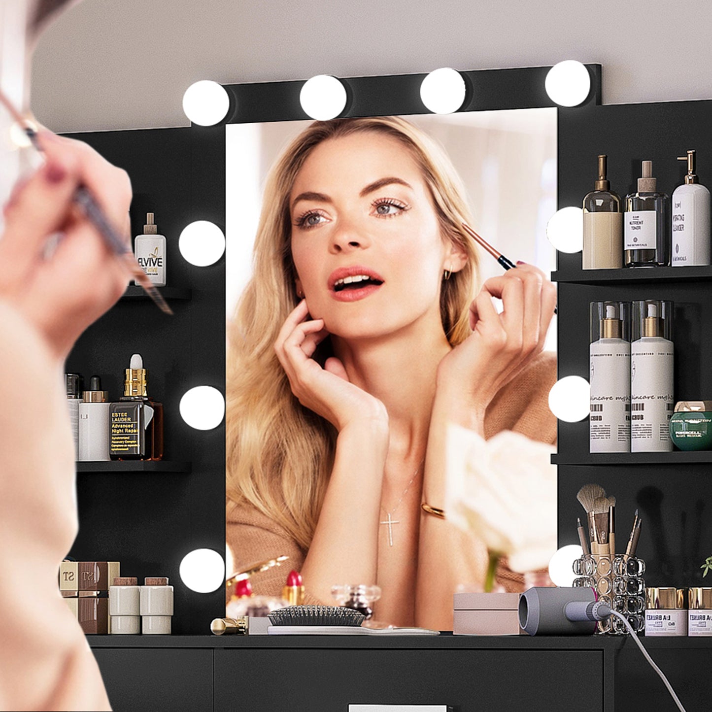 TEENFON 48" Large Vanity Desk with Mirror and Lights, Makeup Vanity with 6 Drawers, Power Outlet, Vanity Makeup Mirror Desk Table Set with 4 Storage Shelves & Stool, Best Gift for Women Girls,Black