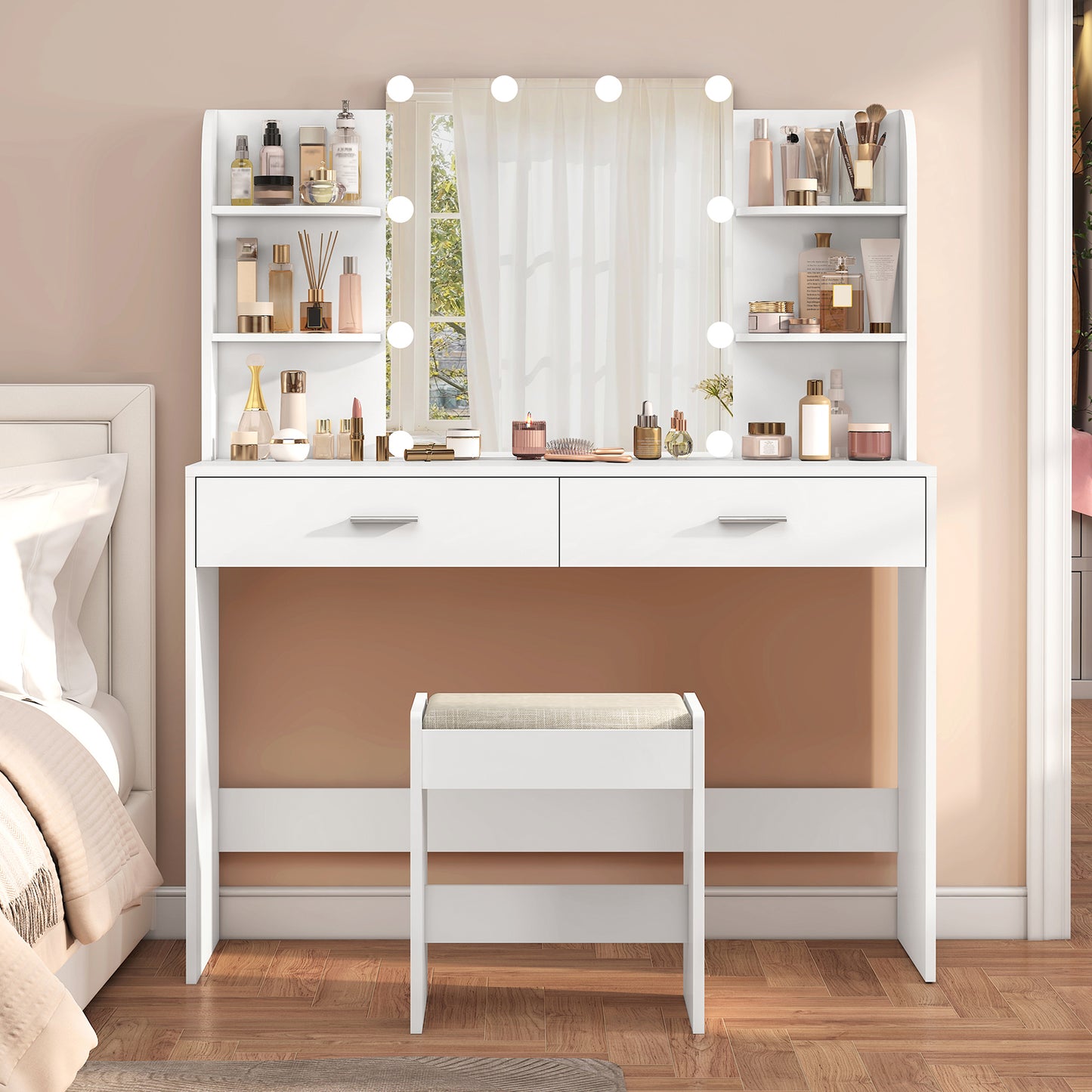 TEENFON Vanity Desk with Mirror and Lights, Makeup Vanity Set with 2 Drawers and Open Shelves, Makeup Vanity Desk Dressing Table with Cushioned Stool and 10 LED Lights, White