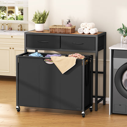 Laundry Sorter 3 Section with Tabletop & 2 Drawers, Rolling Laundry Hamper with Pull-Out and Removable Bags, Laundry Basket Organizer with Wheels and Shelf, Metal Frame Rustic Brown for Laundry Room