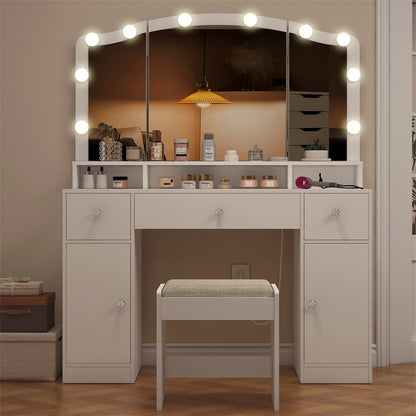 Vanity Desk with Triple Folding Mirror, Makeup Vanity with Power Outlet, Vanity Desk with 10 Lights, 3 Drawers & 2 Cabinets, Makeup Vanity Table with Soft Cushioned Stool for Women, Bedroom, Grey