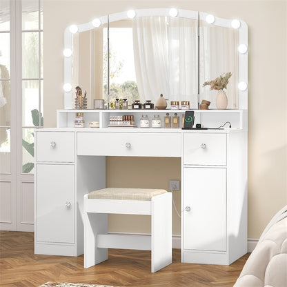 Vanity Desk with Triple Folding Mirror, Makeup Vanity with Power Outlet, Vanity Desk with 10 Lights, 3 Drawers & 2 Cabinets, Makeup Vanity Table with Soft Cushioned Stool for Women, Bedroom, Grey