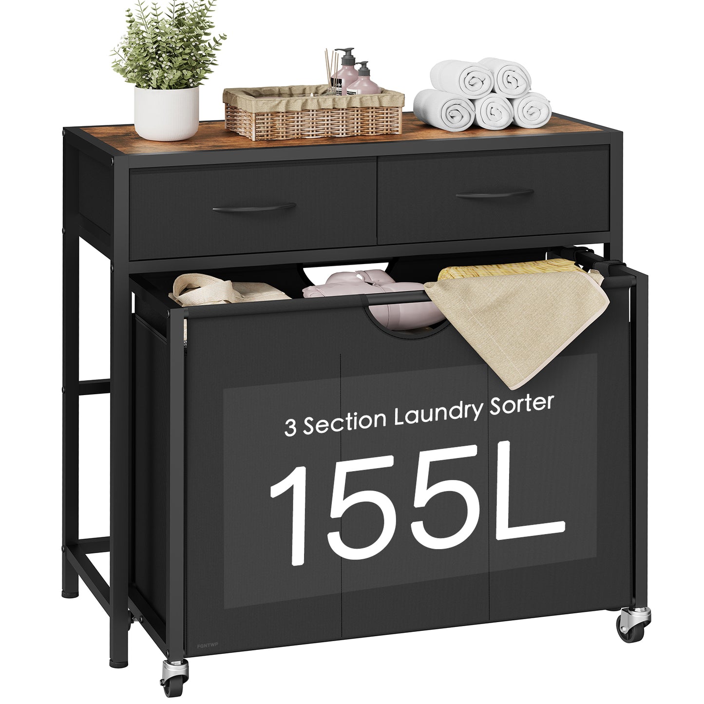 Laundry Sorter 3 Section with Tabletop & 2 Drawers, Rolling Laundry Hamper with Pull-Out and Removable Bags, Laundry Basket Organizer with Wheels and Shelf, Metal Frame Rustic Brown for Laundry Room