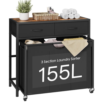 Laundry Sorter 3 Section with Tabletop & 2 Drawers, Rolling Laundry Hamper with Pull-Out and Removable Bags, Laundry Basket Organizer with Wheels and Shelf, Metal Frame Rustic Brown for Laundry Room