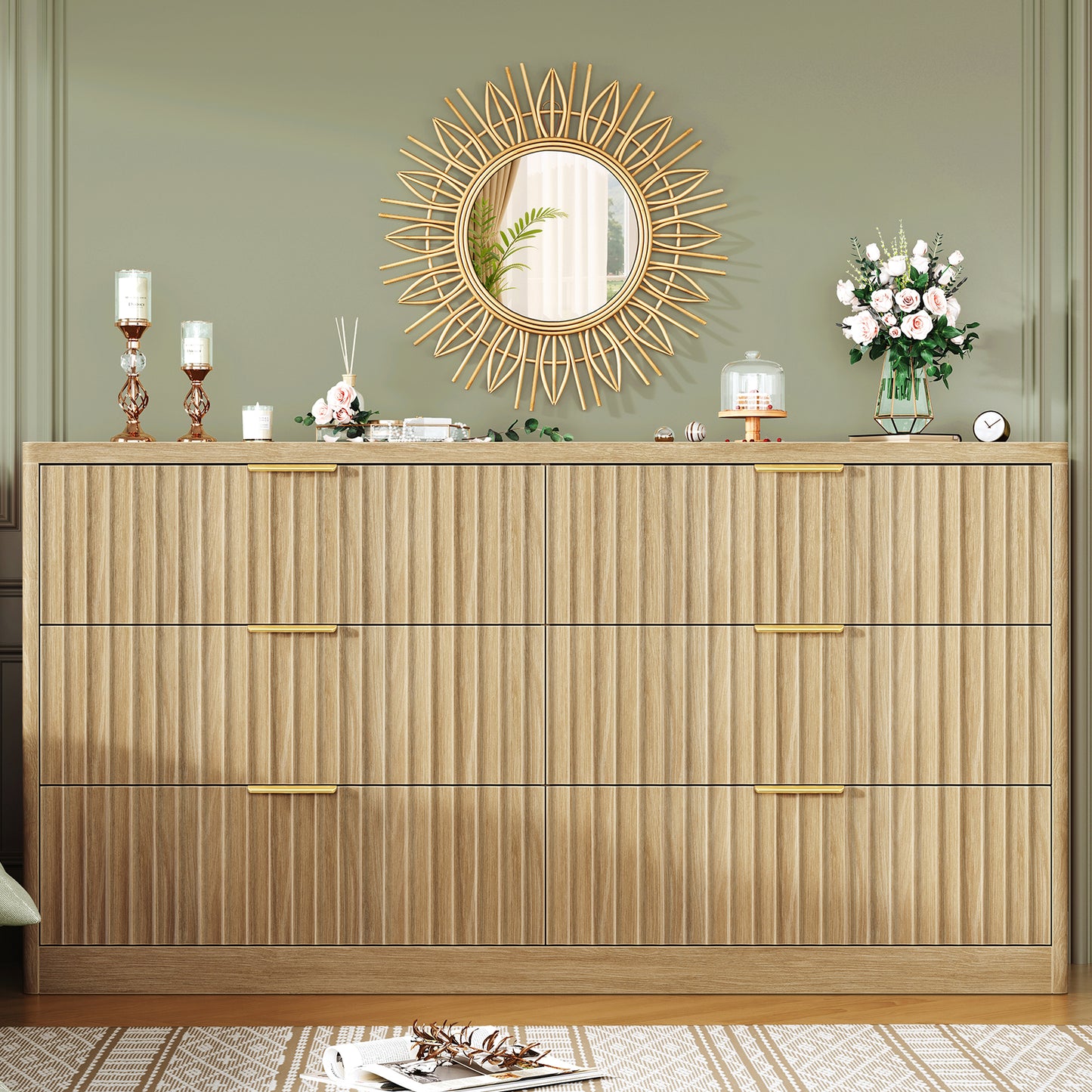 TEENFON 56.3'' Dresser for Bedroom with 6 Drawers, Dressers & Chest of Drawers with Curved Profile Design, 6 Drawer Dresser, Fluted Dressers, Wood Dressers for Bedroom, Living Room, Natural