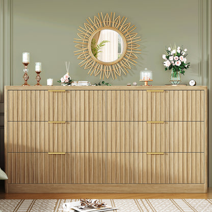 TEENFON 56.3'' Dresser for Bedroom with 6 Drawers, Dressers & Chest of Drawers with Curved Profile Design, 6 Drawer Dresser, Fluted Dressers, Wood Dressers for Bedroom, Living Room, Natural