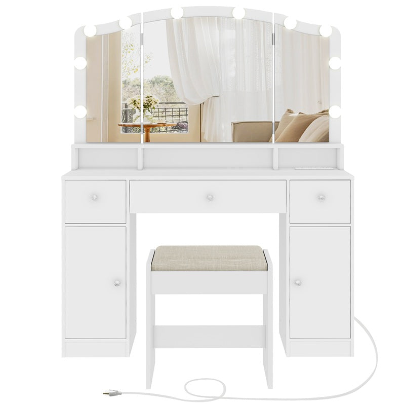 Vanity Desk with Triple Folding Mirror, Makeup Vanity with Power Outlet, Vanity Desk with 10 Lights, 3 Drawers & 2 Cabinets, Makeup Vanity Table with Soft Cushioned Stool for Women, Bedroom, Grey