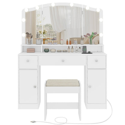 Vanity Desk with Triple Folding Mirror, Makeup Vanity with Power Outlet, Vanity Desk with 10 Lights, 3 Drawers & 2 Cabinets, Makeup Vanity Table with Soft Cushioned Stool for Women, Bedroom, Grey