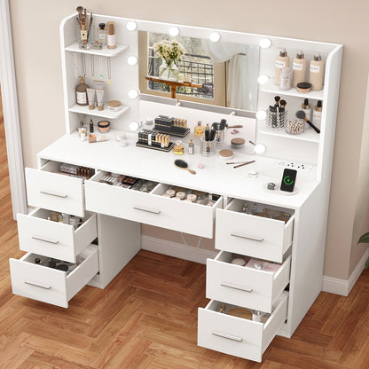 TEENFON Large Vanity Desk with LED Lighted Mirror & Power Outlet,Makeup Vanity Table with 7 Drawers,4 Shelves and 5 Hooks,Vanity Table, Vanity Desk Set for Bedroom,Bathroom,Black