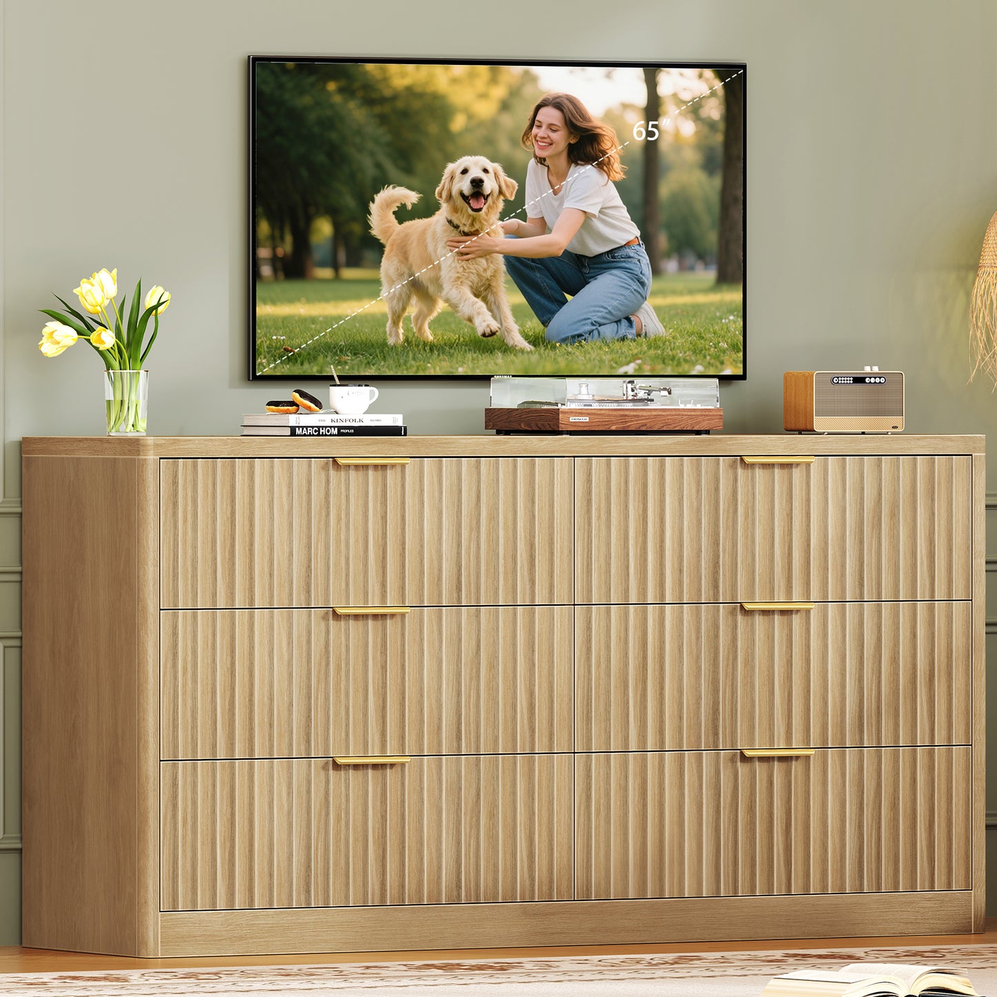 TEENFON 56.3'' Dresser for Bedroom with 6 Drawers, Dressers & Chest of Drawers with Curved Profile Design, 6 Drawer Dresser, Fluted Dressers, Wood Dressers for Bedroom, Living Room, Natural