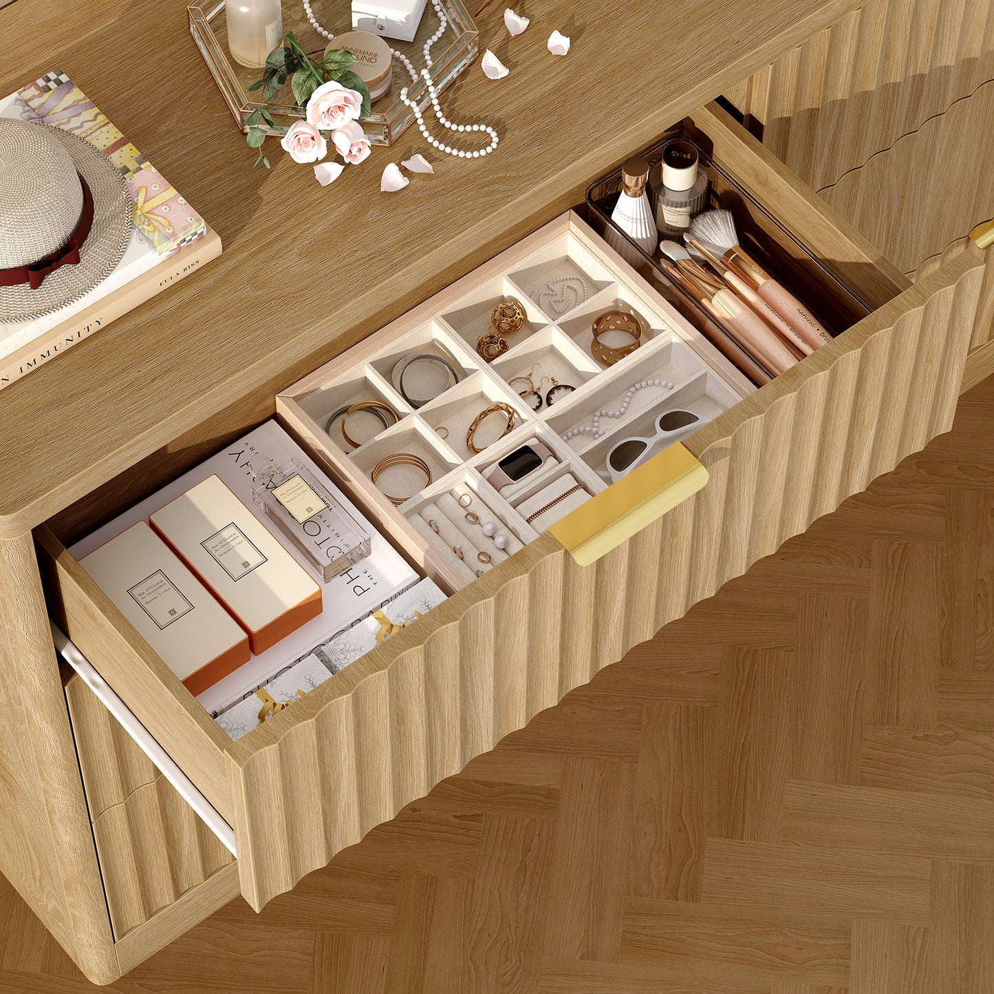 TEENFON 56.3'' Dresser for Bedroom with 6 Drawers, Dressers & Chest of Drawers with Curved Profile Design, 6 Drawer Dresser, Fluted Dressers, Wood Dressers for Bedroom, Living Room, Natural