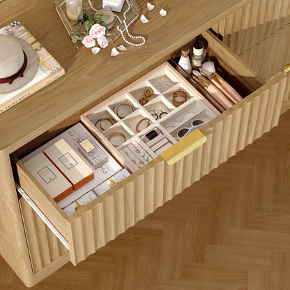 TEENFON 56.3'' Dresser for Bedroom with 6 Drawers, Dressers & Chest of Drawers with Curved Profile Design, 6 Drawer Dresser, Fluted Dressers, Wood Dressers for Bedroom, Living Room, Natural