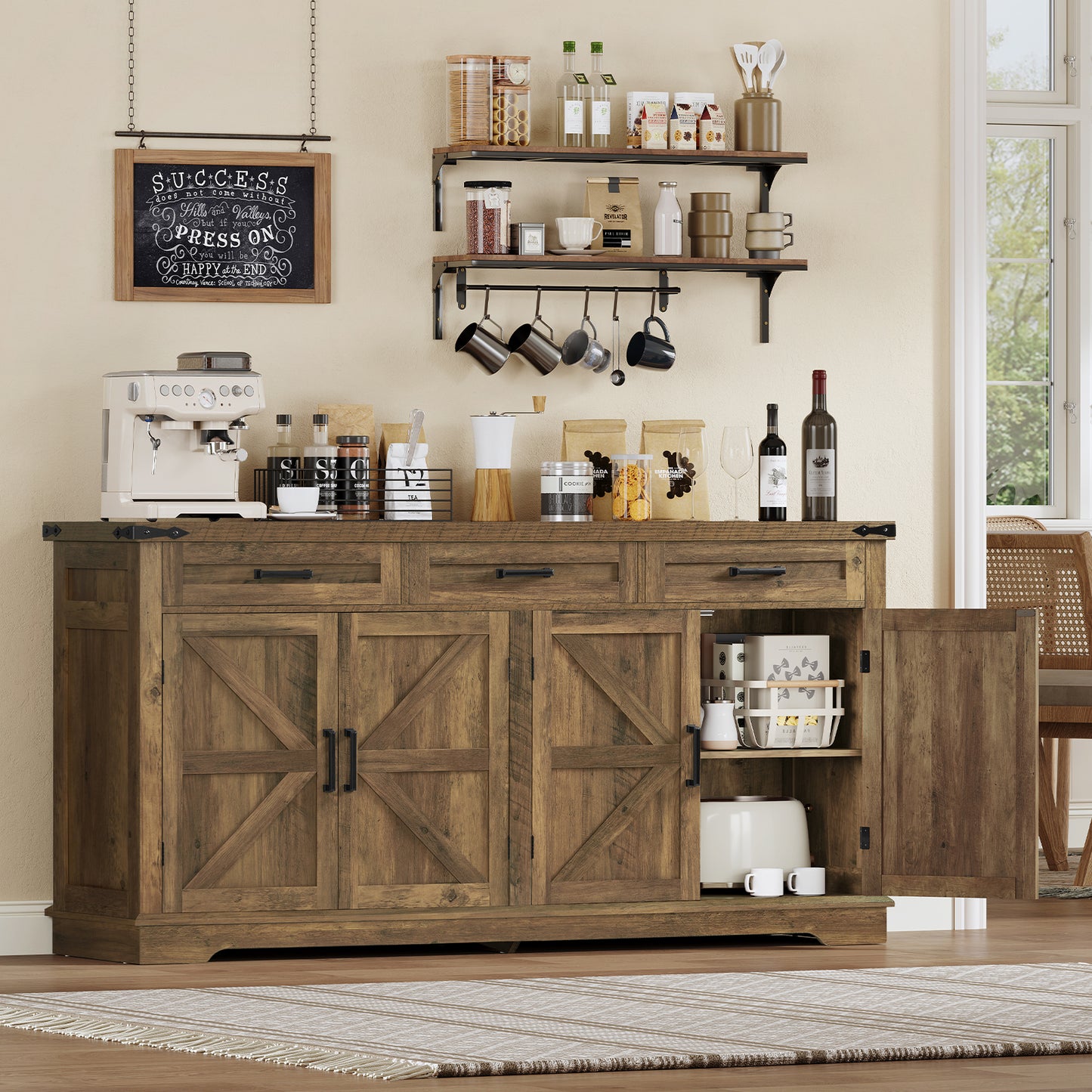 TEENFON 61" Farmhouse Buffet Cabinet with 2 Adjustable Shelves, Sideboard with 3 Drawers & 4 Doors, Rustic Storage Cabinet, Coffee Bar for Kitchen, Entryway, White