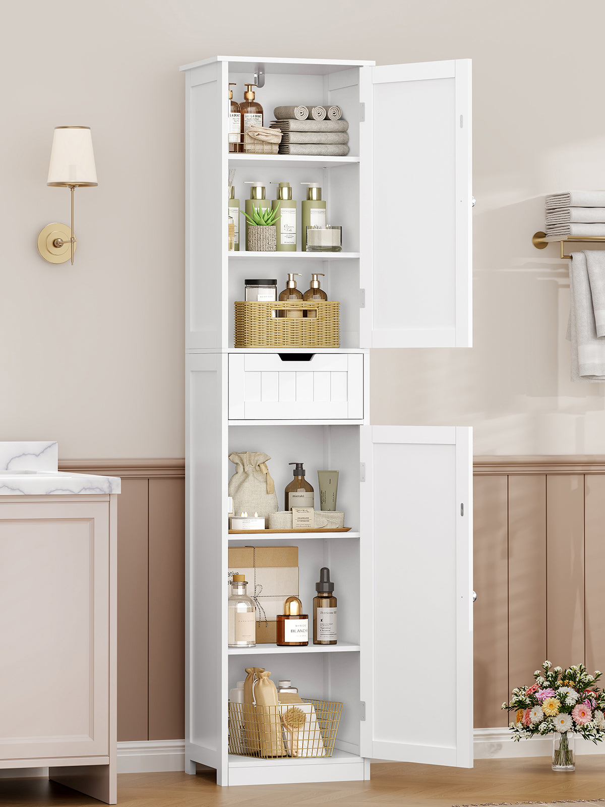 170cm Bathroom Closet, Bathroom Closet Narrow with 2 Doors and 1 Drawer, Bathroom Cabinet with Adjustable Shelves for Bathroom, Living room, Hallway, Kitchen, 40x30x170 cm, White