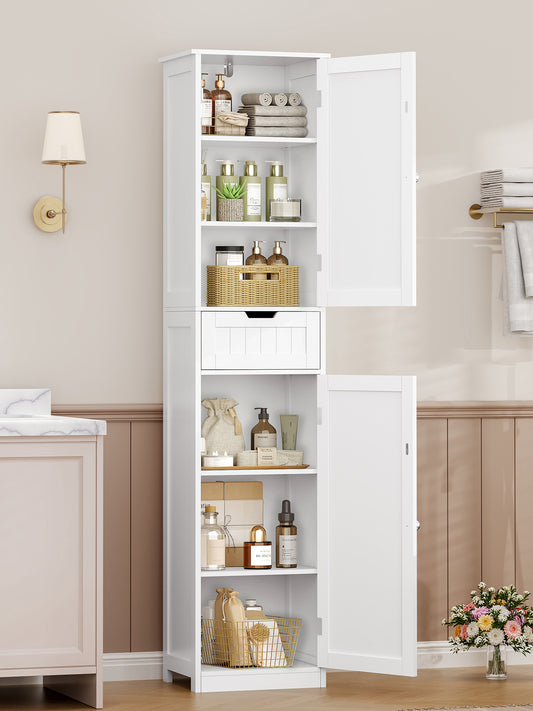 170cm Bathroom Closet, Bathroom Closet Narrow with 2 Doors and 1 Drawer, Bathroom Cabinet with Adjustable Shelves for Bathroom, Living room, Hallway, Kitchen, 40x30x170 cm, White