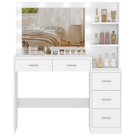 FIONESO 110cm Toeletta Trucco con Luci a Luminosità Regolabile, Grande Specchio, Postazione Trucco con 5 Cassetto e, 2 Ripiani Aperti, Moderno, Bianco