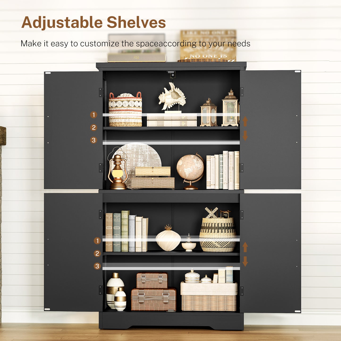 TEENFON Farmhouse Storage Cabinet with 2 Adjustable Shelves, Bathroom Cabinet with 4 Doors, Cupboard for Kitchen, Living Room, Rustic Gray