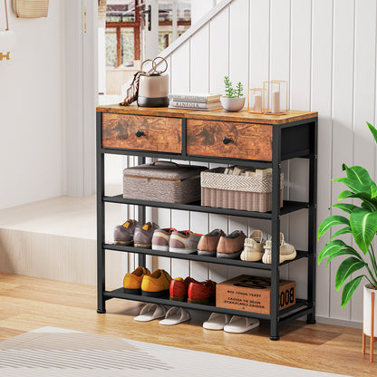 TEENFON Shoe Rack, 4 Tier Shoe Storage Organizer with 2 Drawers, Metal Shoe Shelf for 9-12 Pairs of Shoes, with 3 Oxford Fabric Shelves and Wooden Top, Shoe Stand for Entryway, Rustic Brown