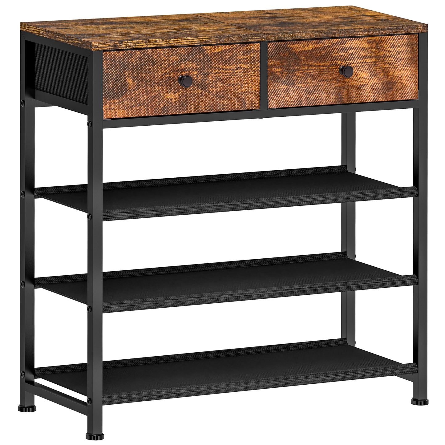 TEENFON Shoe Rack, 4 Tier Shoe Storage Organizer with 2 Drawers, Metal Shoe Shelf for 9-12 Pairs of Shoes, with 3 Oxford Fabric Shelves and Wooden Top, Shoe Stand for Entryway, Rustic Brown