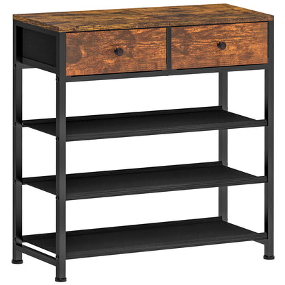 TEENFON Shoe Rack, 4 Tier Shoe Storage Organizer with 2 Drawers, Metal Shoe Shelf for 9-12 Pairs of Shoes, with 3 Oxford Fabric Shelves and Wooden Top, Shoe Stand for Entryway, Rustic Brown