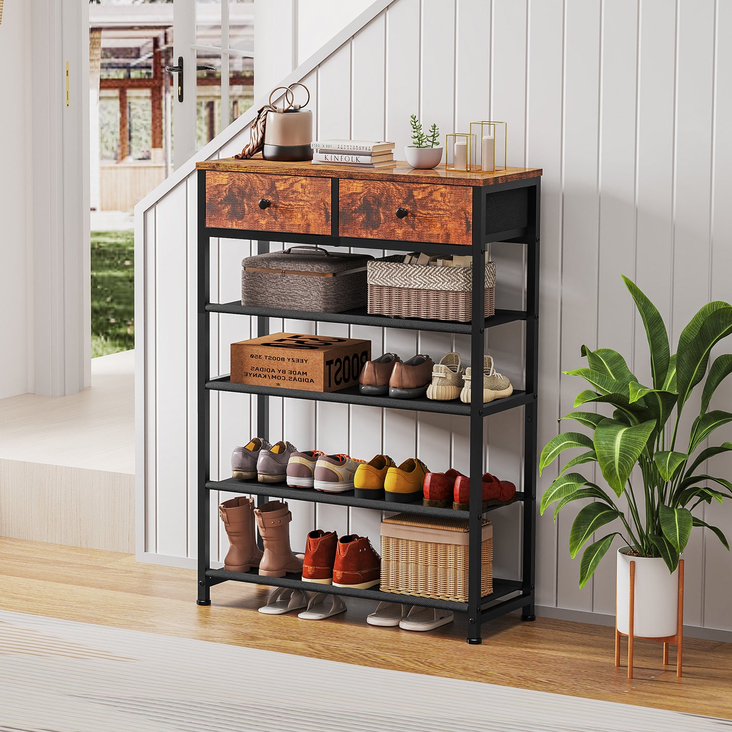 TEENFON Shoe Rack, 5 Tier Shoe Storage Organizer with 2 Drawers, Metal Shoe Shelf for 12-16 Pairs of Shoes, with 4 Oxford Fabric Shelves and Wooden Top, Shoe Stand for Closet Entryway, Rustic Brown