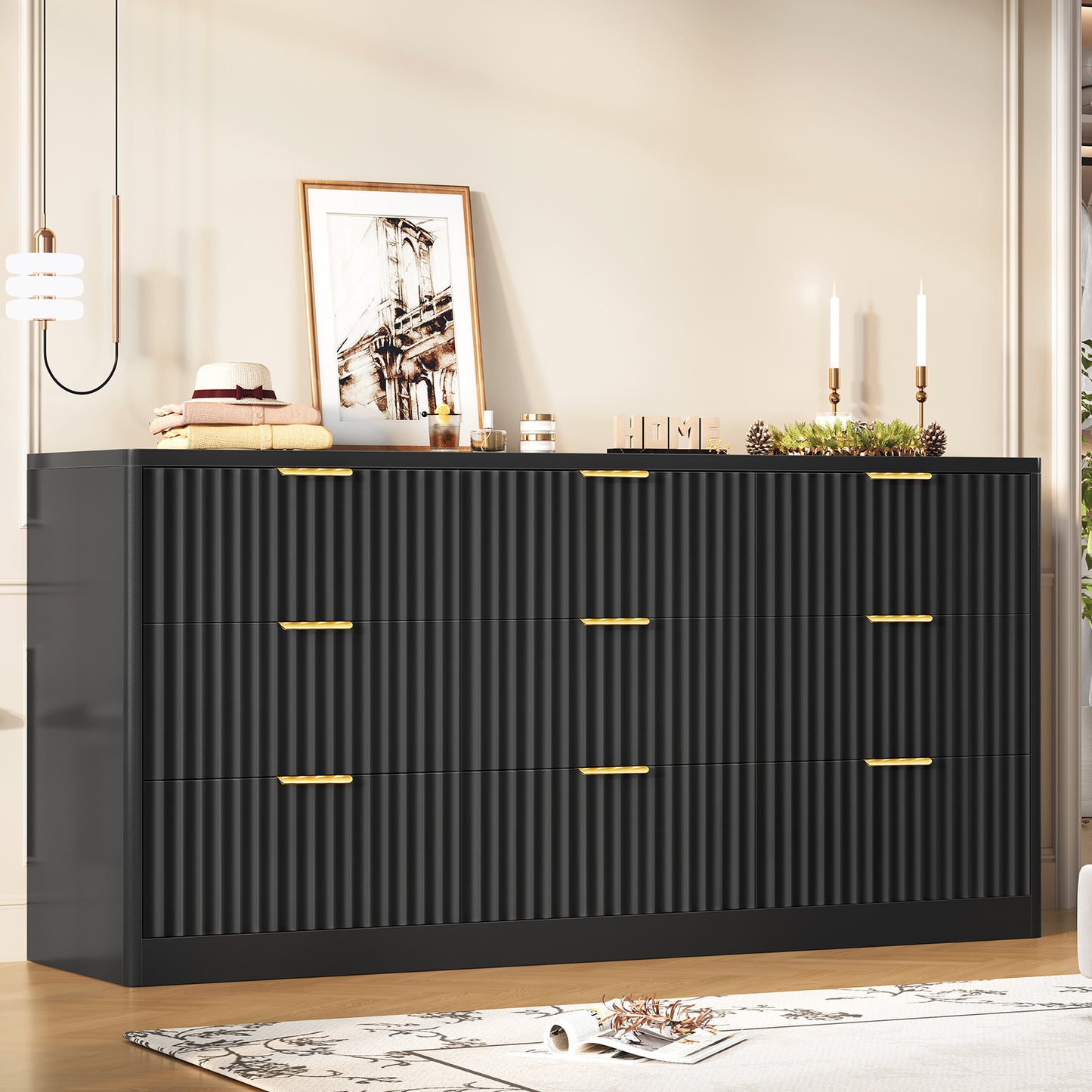 TEENFON Fluted Dresser for Bedroom with 9 Drawers, 63" Wide Modern Chest of Drawers with Metal Handle & Curved Profile Design, Wood Closet Clothes Storage Organizer for Living Room, Hallway, Black