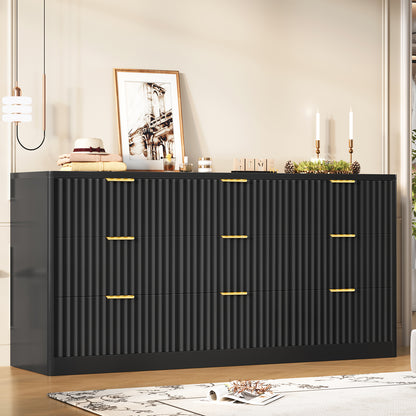 TEENFON Fluted Dresser for Bedroom with 9 Drawers, 63" Wide Modern Chest of Drawers with Metal Handle & Curved Profile Design, Wood Closet Clothes Storage Organizer for Living Room, Hallway, Black