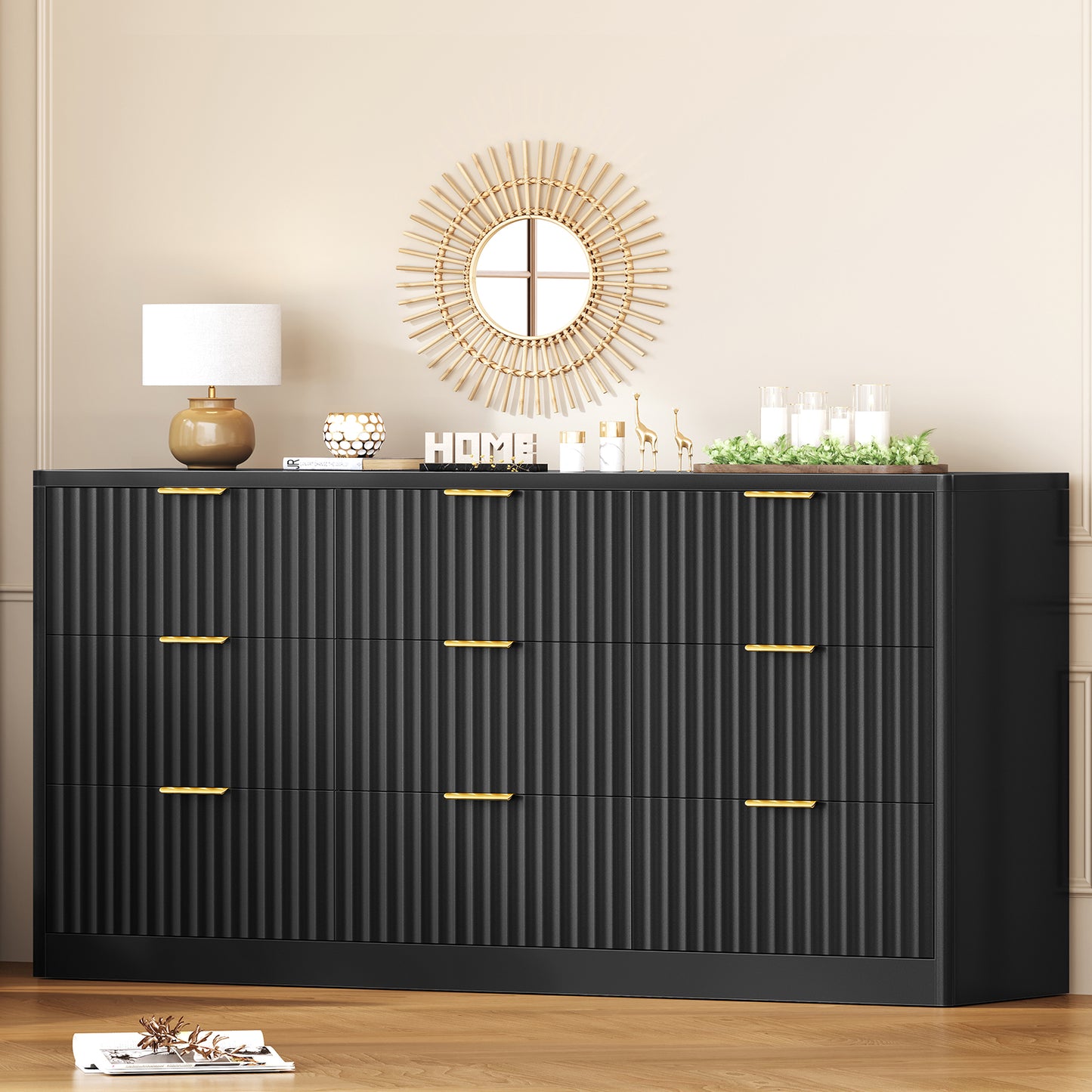 TEENFON Fluted Dresser for Bedroom with 9 Drawers, 63" Wide Modern Chest of Drawers with Metal Handle & Curved Profile Design, Wood Closet Clothes Storage Organizer for Living Room, Hallway, Black