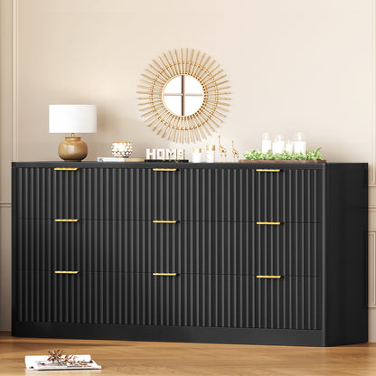 TEENFON Fluted Dresser for Bedroom with 9 Drawers, 63" Wide Modern Chest of Drawers with Metal Handle & Curved Profile Design, Wood Closet Clothes Storage Organizer for Living Room, Hallway, Black