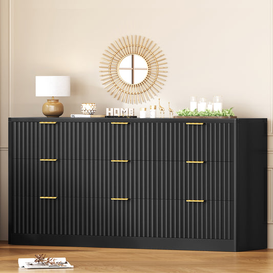 TEENFON Fluted Dresser for Bedroom with 9 Drawers, 63" Wide Modern Chest of Drawers with Metal Handle & Curved Profile Design, Wood Closet Clothes Storage Organizer for Living Room, Hallway, Black